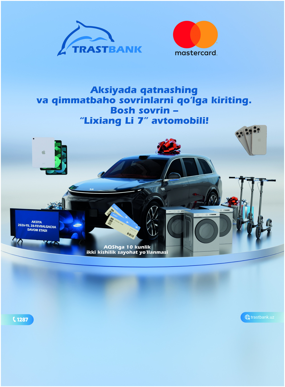 Bosh sovrini “Lixiang Li7” avtomobili bo‘lgan aksiya yakunlanmoqda. Fursatni qo‘ldan boy bermang!
